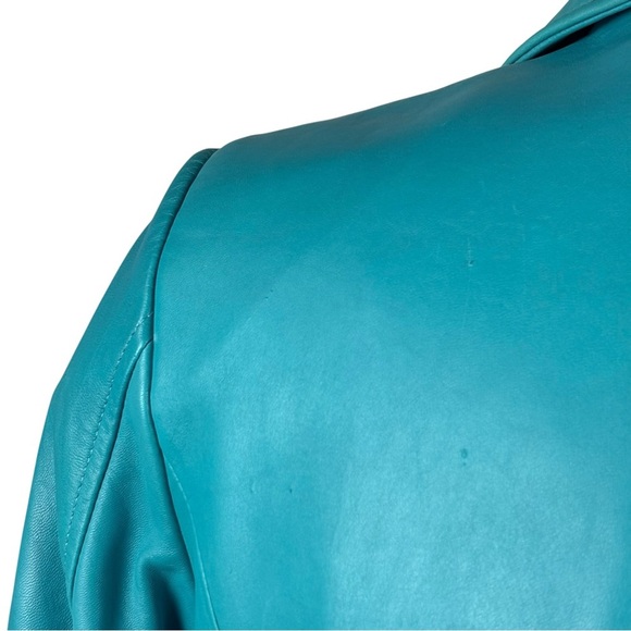 BERNARDO Y2K TEAL OVERSIZE LEATHER BUTTON DOWN BLAZER JACKET CAR COAT - Picture 14 of 16